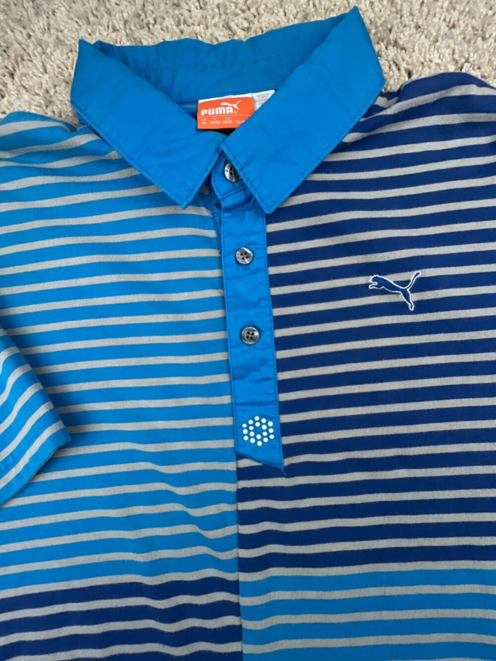 Puma Men’s Golf Polo Shirt Short Sleeve Blue Gray Striped Medium Casual Cotton - Picture 7 of 11